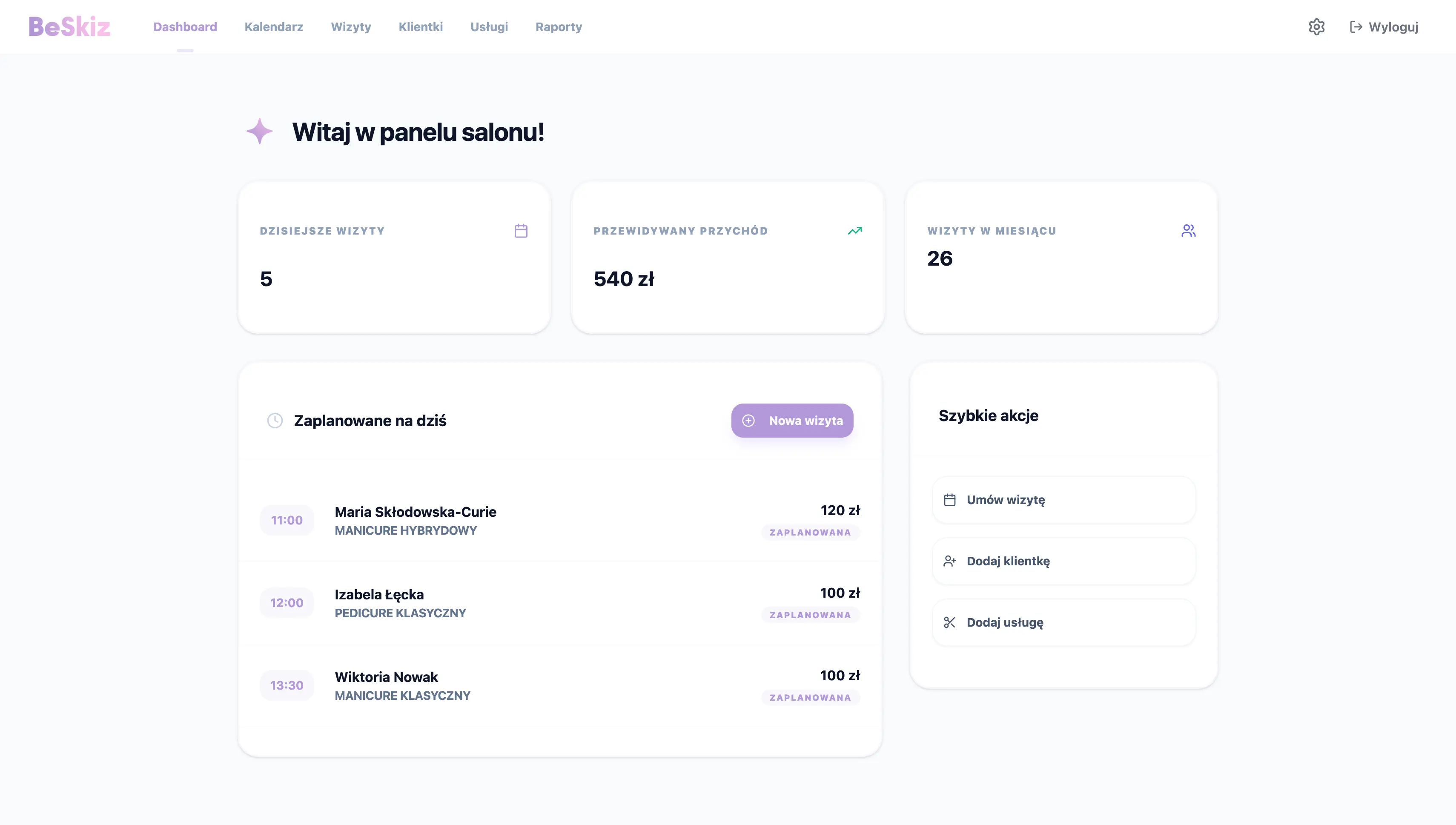 Widok aplikacji BeSkiz – kalendarz, wizyty i statystyki salonu
