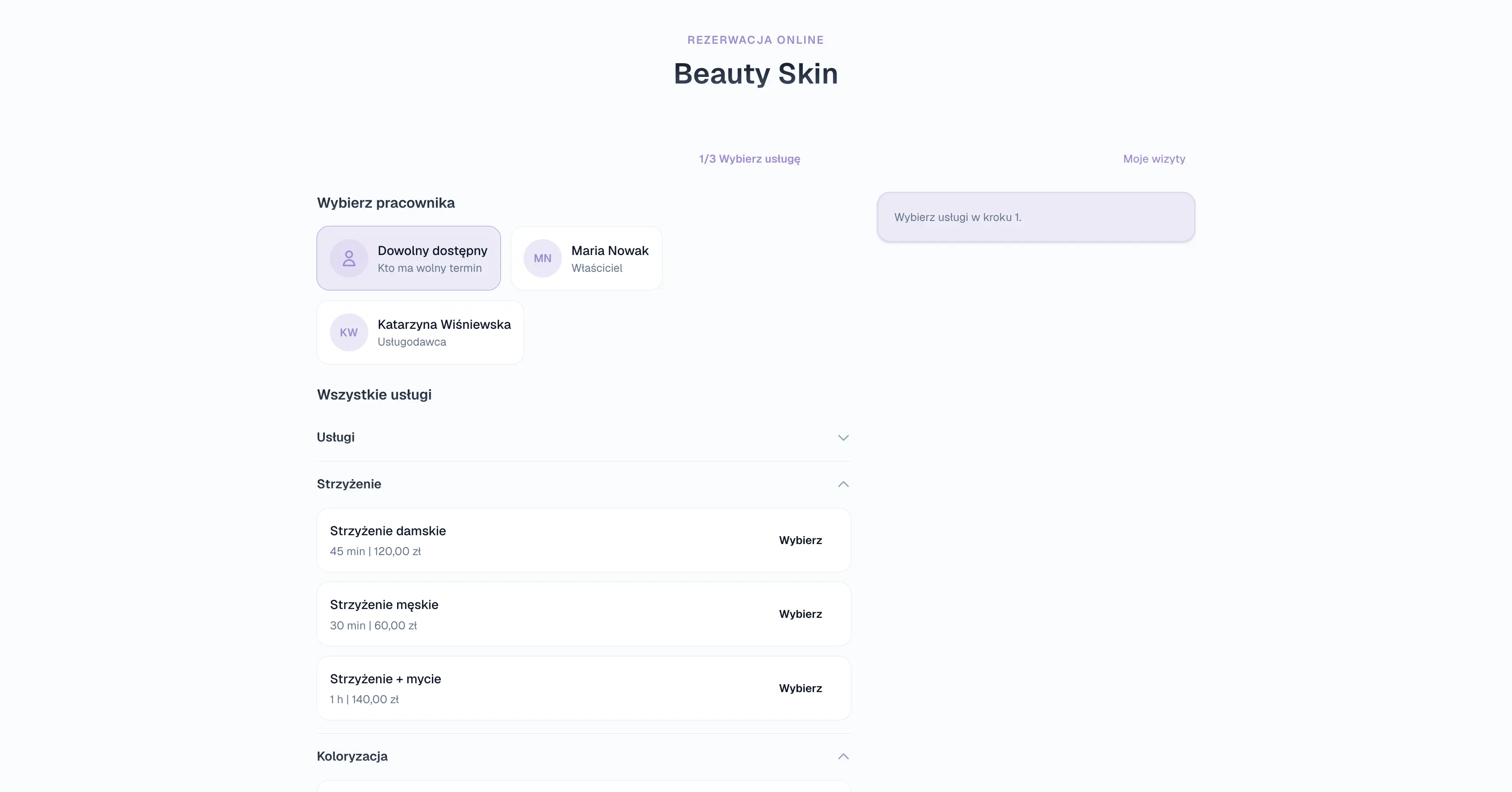 Strona rezerwacji online – klientka rezerwuje bez konta